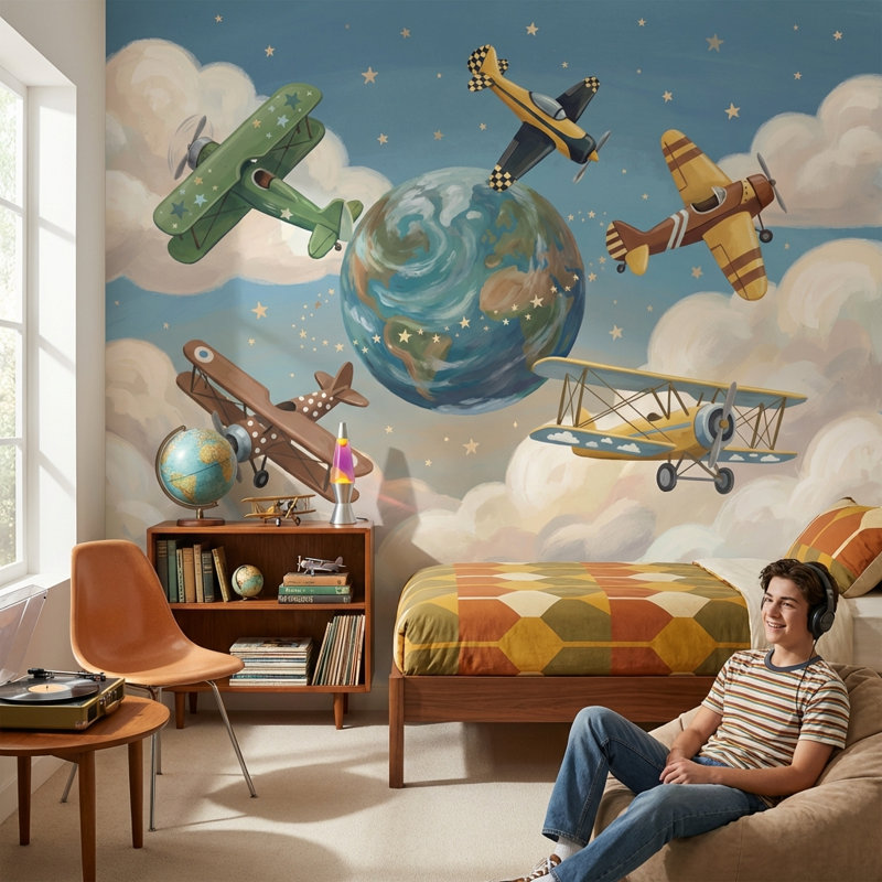 Papier peint d'avions, fresque murale fantaisiste sur le thème de l'aventure, 120"x96", Peel and Stick