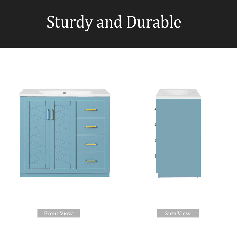 Ensemble de meuble-lavabo 36 po avec lavabo en céramique, armoire de rangement en bois massif, ensemble de meuble-lavabo autoportant avec 3 tiroirs et portes à fermeture douce