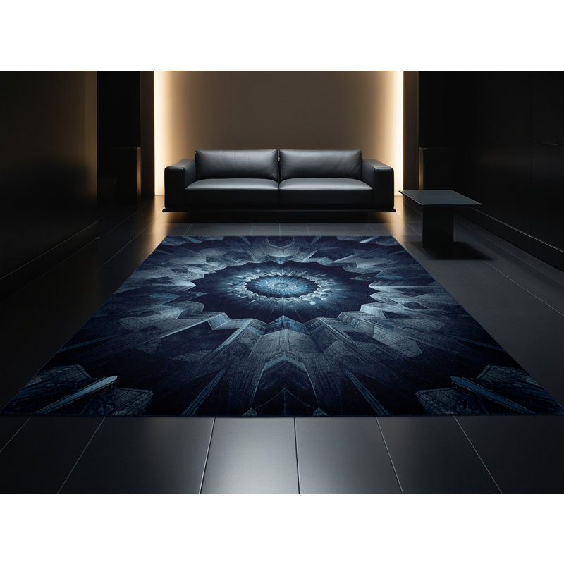 Tapis bleu moelleux moelleux Art Deco, Rond 3 pi