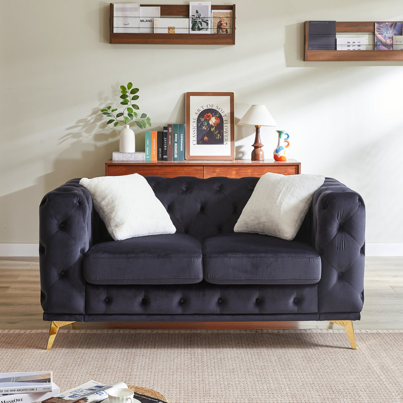 Canapé de luxe en velours avec boutons capitonnés Chesterfield avec 2 coussins et pieds en métal, 2, Noir