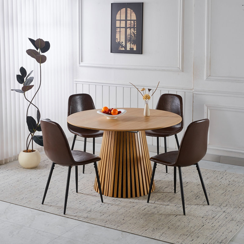 Ensemble de salle à manger 1 + 4,5 pièces, table de salle à manger à pieds en métal Mid-Century pour 4-6 personnes avec plateau en panneau de fibres à densité moyenne, table de salle à manger à piédestal, table basse de loisirs