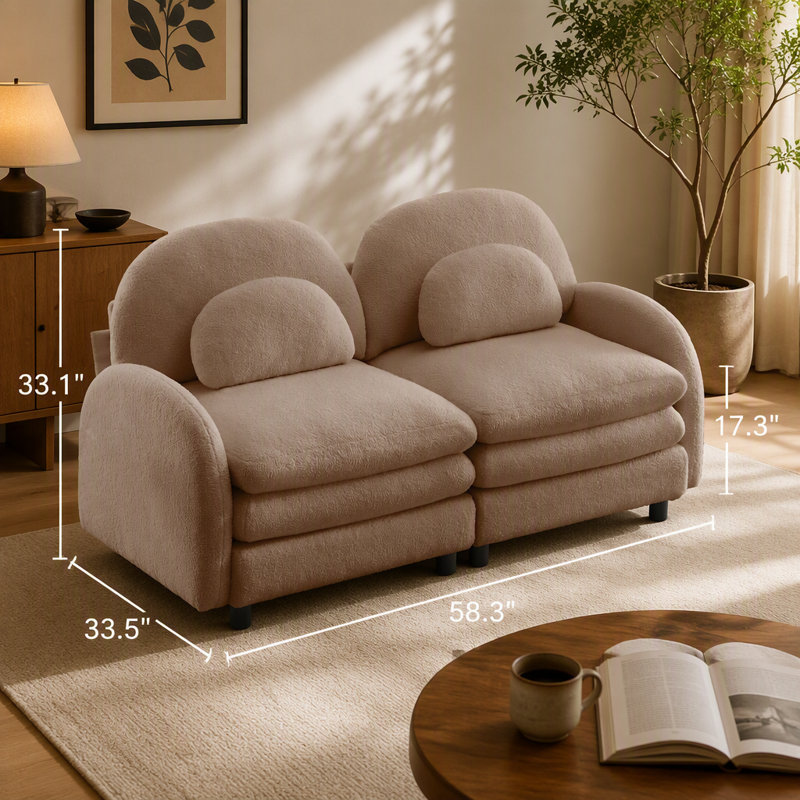 Canapé deux places deux places en tissu Teddy doux comme un nuage, avec dossier incurvé, coussins lombaires, support par coussin double couche et conception modulaire.