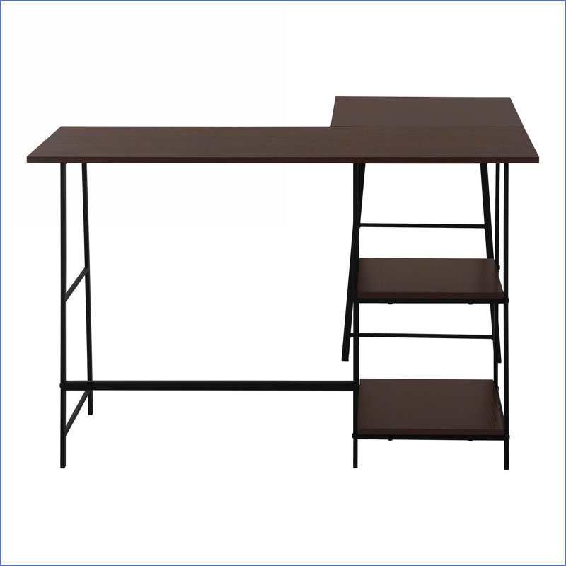 Bureaux, bureau d'ordinateur en L industriel avec tablettes de rangement, L 48 po, stratifié espresso | Métal noir