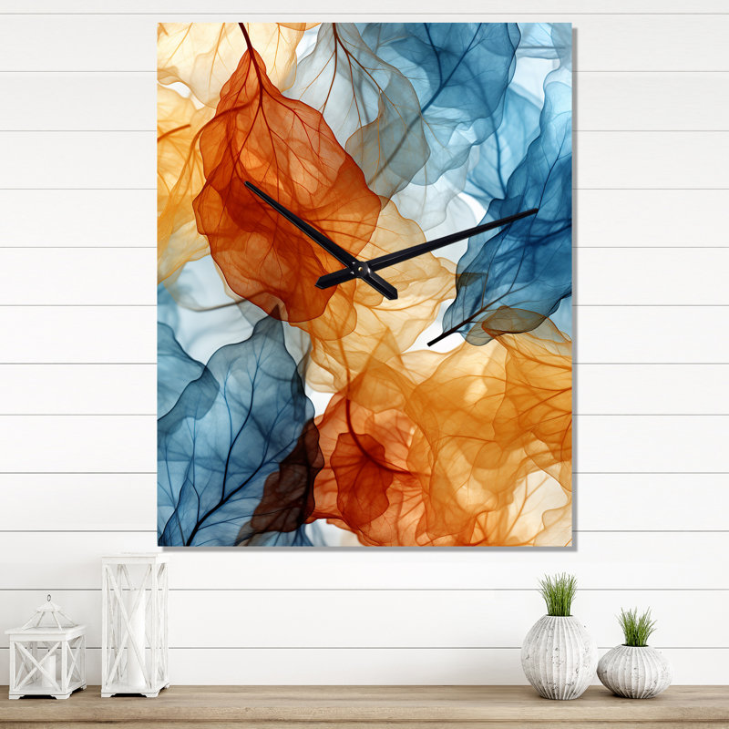 Horloge murale rétro avec motif de feuilles bleues et rétro, Très grand