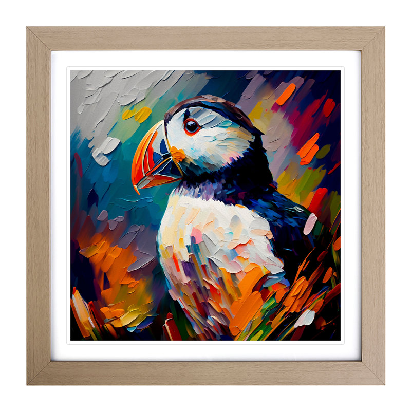 Puffin Palette Knife Painting No.1 - Framed Print, Oak