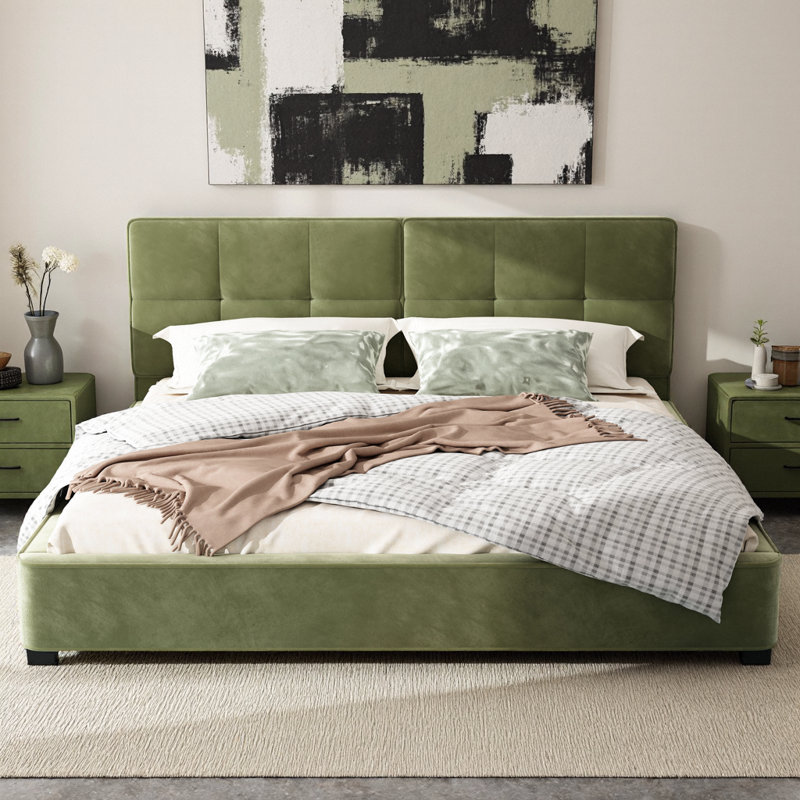King Size Olive Green Velvet Bed Frame with Tufted Headboard - Upholstered Platform Bed, No Box Spring Needed, Olive Green