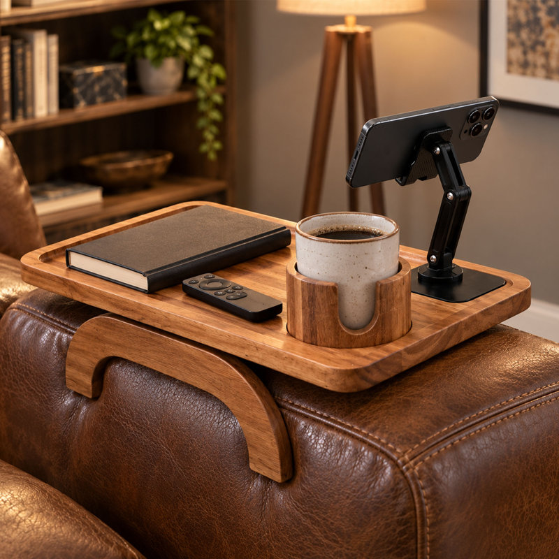 Plateau d'accoudoir de canapé en acacia avec porte-gobelet et support magnétique pour téléphone à 360°