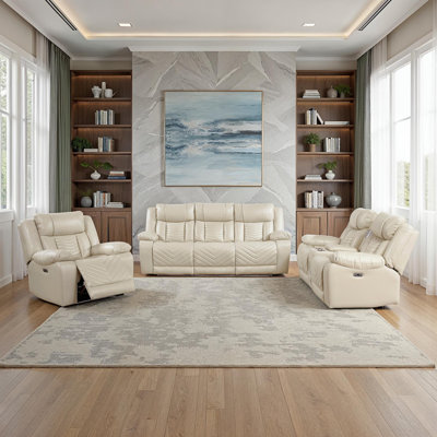 Marlow Modern & Contemporary 3-Piece Living Room Set with Premium Faux Leather Upholstery, One-Touch Power Motion & Foam over Pocket Coils Comfort