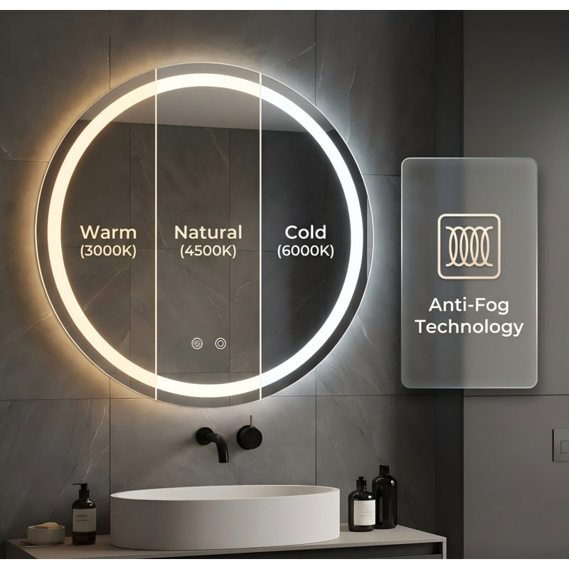  Led Bathroom Mirror With Lighting,round Mirror With Lighting,bathroom Wall Mirror,3 Dimmable Light Colors,bathroom/Vanity Mirror With Touch Switch And Defogging,