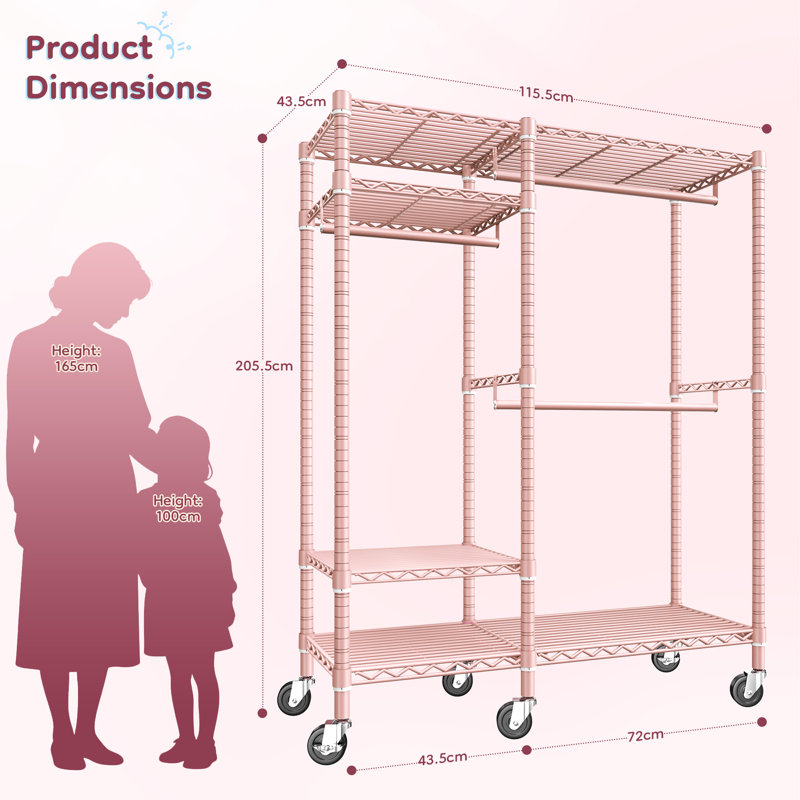 115.5 cm Adjustable Rolling Clothes Rack, Pink
