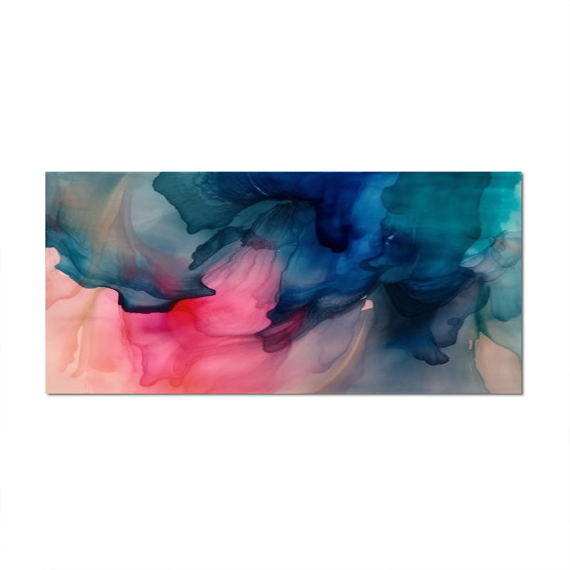 «Blue and Pink Watercolor Mix», reproduction d'art sur toile encadrée abstraite, H 28 po x l 60 po