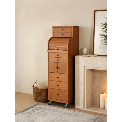 Armoire à bijoux en cerisier de style médiéval avec roulettes pour chambre à coucher