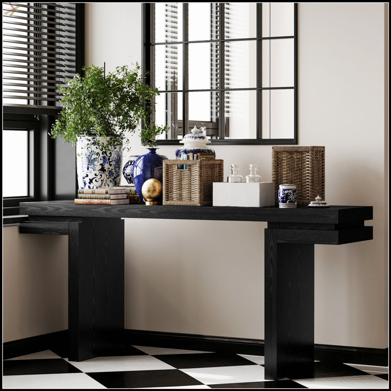 66 Inch Extra Wide Real Wood Veneered Console Table, Minimalist Design For Entryway And Living Room, Black