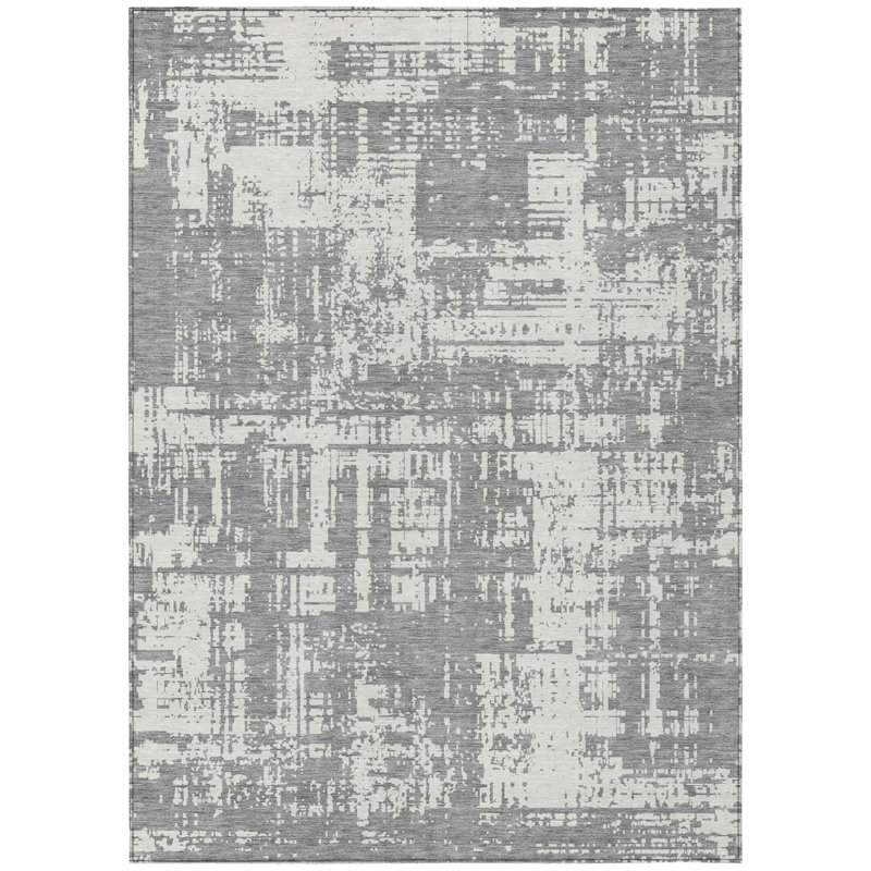 Tapis intérieur lavable abstrait gris et ivoire 8 pi x 10 pi