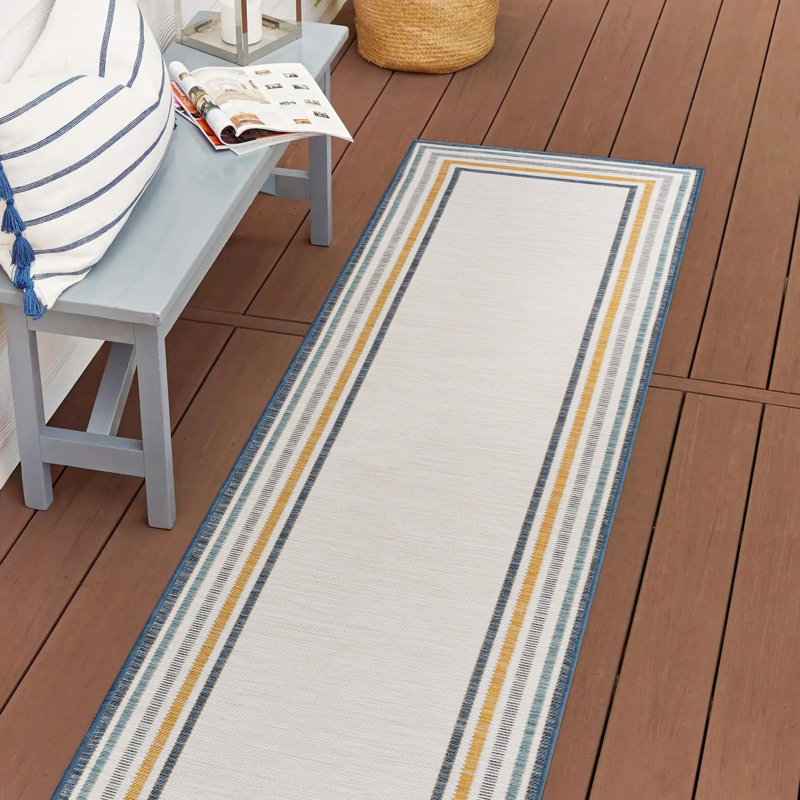 Vandervliet Classic Coastal Mitred Stripe Reversible Machine-Washable Cream/Navy Indoor/Outdoor Rug, Runner 2' x 8'