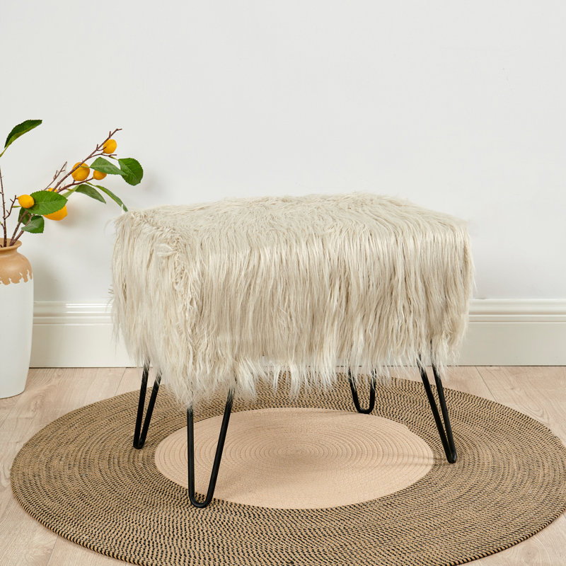 Keilia Upholstered Ottoman, Oatmeal Faux Fur