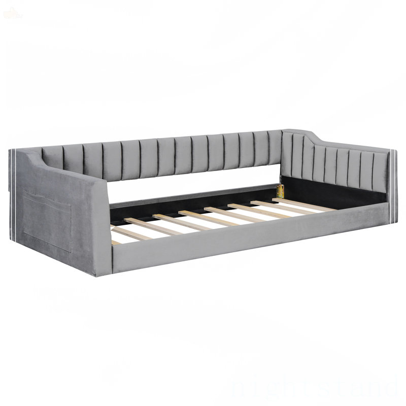 Lit de repos simple simple TG et poche de rangement latérale, Gris, Lit simple