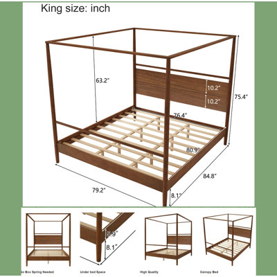 Structure de lit à baldaquin moderne de très grand lit avec tête de lit intégrée, lit à baldaquin avec glissières pleine longueur, pas de sommier tapissier, finition bois délavé