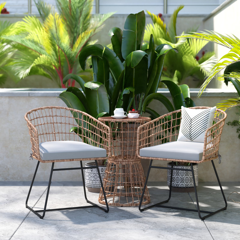 Clavens Indoor/Outdoor Boho Rattan Rope Bistro Set with Side Table and Cushions, White