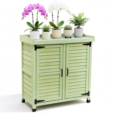 Outdoor Potting Bench with Metal Work Top - Waterproof Garden Storage Cabinet, Solid Wood Tool Station Shed for Backyard, Patio, Lawn Gardening