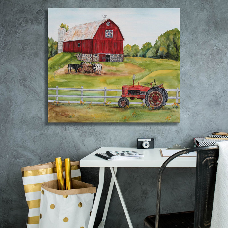 «Rurale rouge grange B» par Jean Plout, art mural sur toile, H 26 po x l 30 po x P 1,5 po