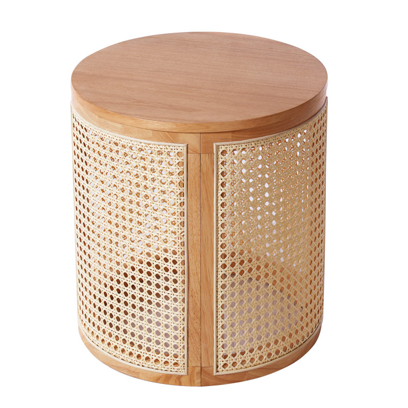 17.8"H Rubber Solid Wood Frame Rattan Grid Design Side Table, With Removable Rubber Solid Wood Panel Top End Table , Rustic Greenery Stand