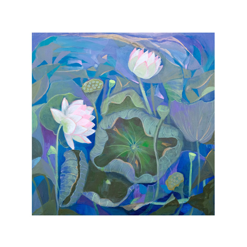 Acrylique fleur de lotus avec magnifique étang, peinture sur toile par Sumita Maity - Art mural aquatique sacré, décor zen de pureté tranquille