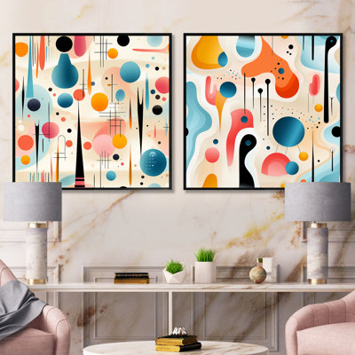Multicolore motif géométrique Mid-Century sur fond beige - formes abstraites carrées, ensemble de 2 collages