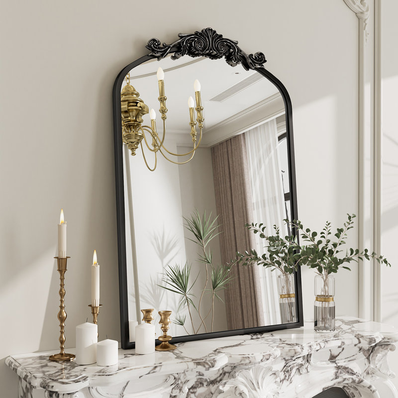 Amara Vintage Baroque Style Tempered Glass French Cleat Mounted Wall Mirror, Antique Black, 36" x 24"