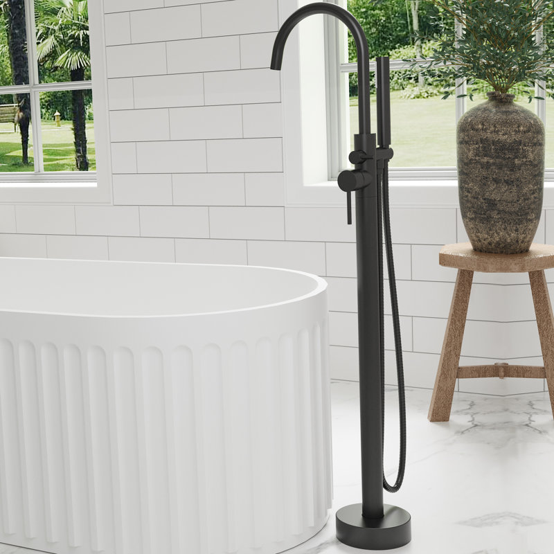 Single Handle Floor Mounted Freestanding Tub Filler with Hand Shower, Matte Black