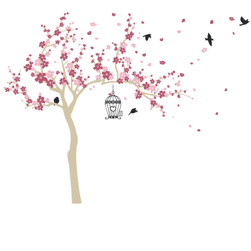 Décalcomanie murale Arbre en fleurs et oiseaux, Blanc, H 60 po x l 77 po x p 0,01 po
