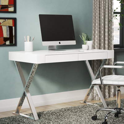 Alexa Contemporary White Lacquer Writing Desk with Polished Steel/Metal X-Base and 2 Drawers