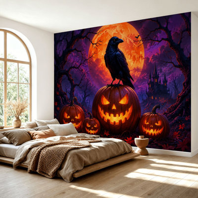 Wall Mural Peel and Stick Wallpaper Halloween Scene Glowing Jack-o'-lanterns Raven Full Moon Self-Adhesive Removable Contact Paper Wall Decor for Living Room Bedroom 69"H x 96"W