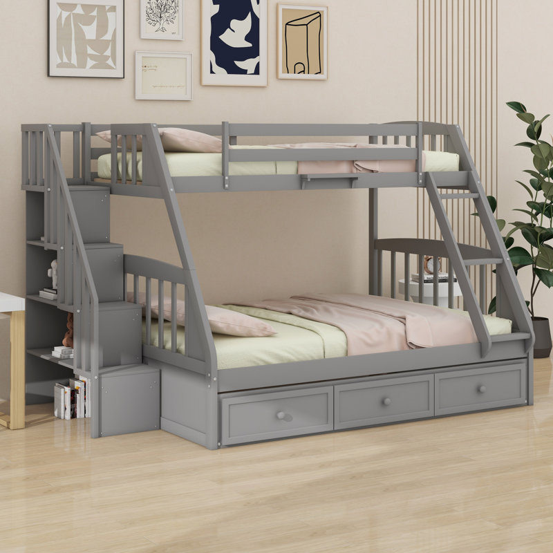 Lit superposé avec tiroirs, échelle et escalier de rangement, gris