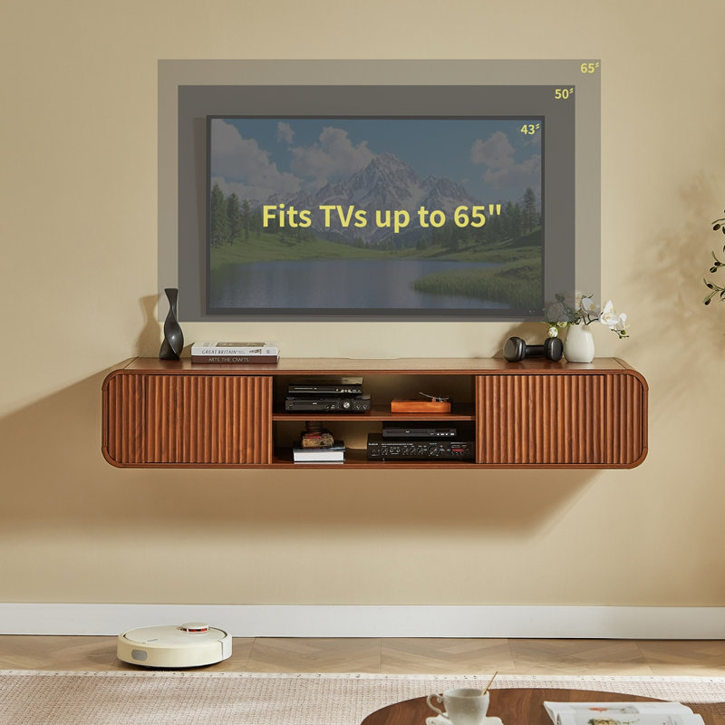 Meuble télé mural de 63 pouces avec rangement ouvert, Noyer
