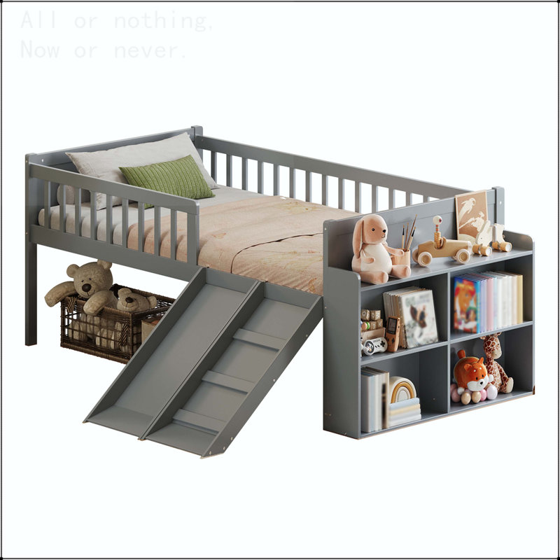 Twin Size Bed Frame with Storage Shelf, Slide, and Ladder, Gray