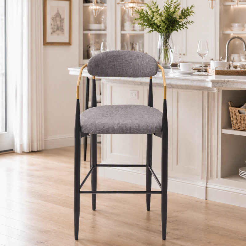 Tabouret de bar rembourré moderne avec accoudoirs dorés - hauteur de siège de 23 po, conception ergonomique pour îlot de cuisine ou comptoir de salle à manger, ensemble de 2 - tissu gris et structure en métal noir