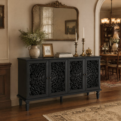Buffet antique noir de 152 cm (60 po), meuble de rangement sculpté à motifs floraux avec pieds en bois massif, poignées en laiton antique et étagères réglables, meuble télé compatible avec les téléviseurs de plus de 165 cm (65 po) pour salon ou salle à manger