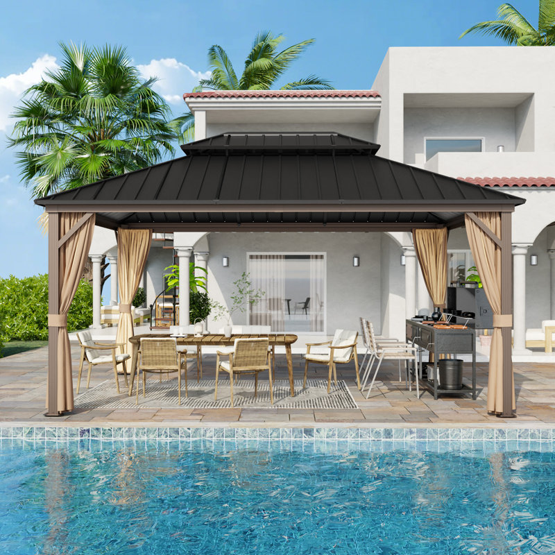Pavillon de jardin extérieur à toit rigide en acier à 2 niveaux de 15,5 pi x l 11,6 pi avec protection totale en filet
