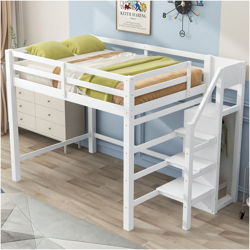 Lit mezzanine double avec armoire de rangement intégrée et escalier, blanc, Blanc