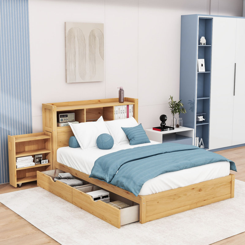 Lit plateforme en bois avec éclairage à DEL et tiroirs de rangement cachés, Naturel, Lit double