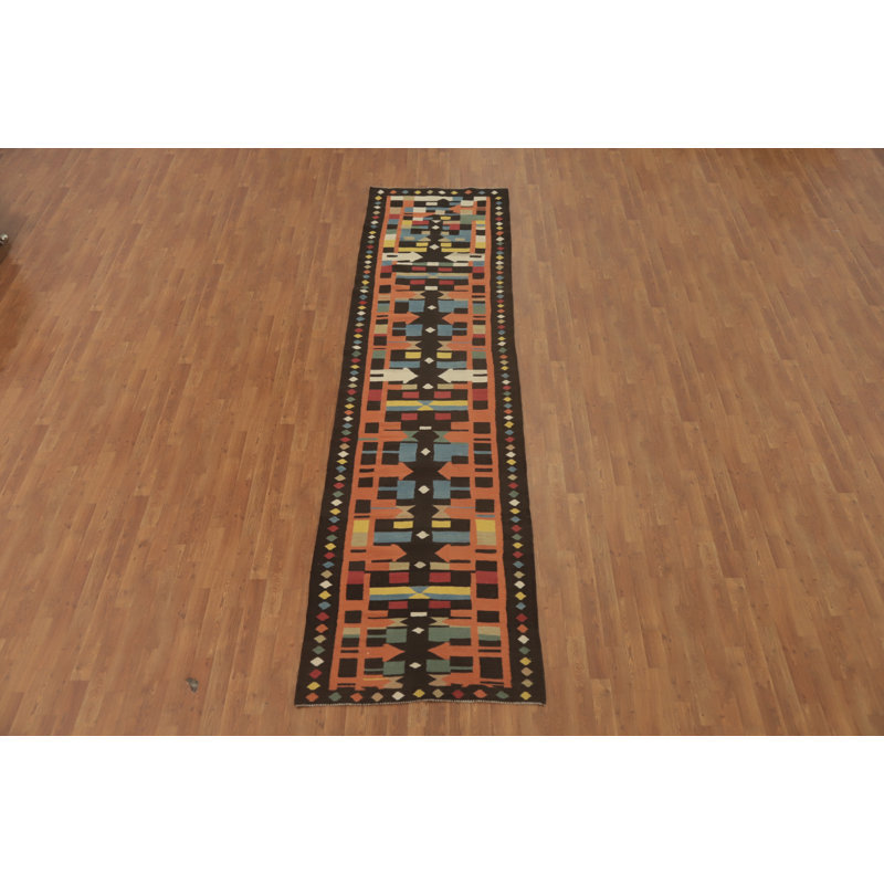 Tapis de couloir oriental géométrique en laine Kilim 3 x 13