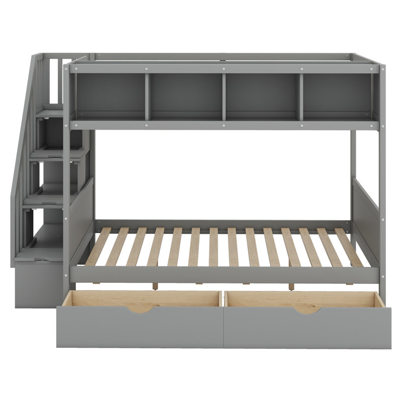 Lit superposé avec tablettes, escalier de rangement et 2 tiroirs, Gris