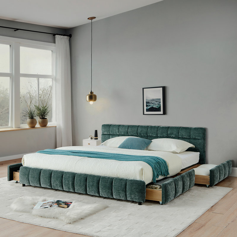 Lit tapissier de taille Hosea, base de lit tapissier confortable, tissu chenille, avec tête de lit et base de lit solide. Avec tiroir pour le rangement - bleu-vert (90,5 po x 80,5 po x 31 po)