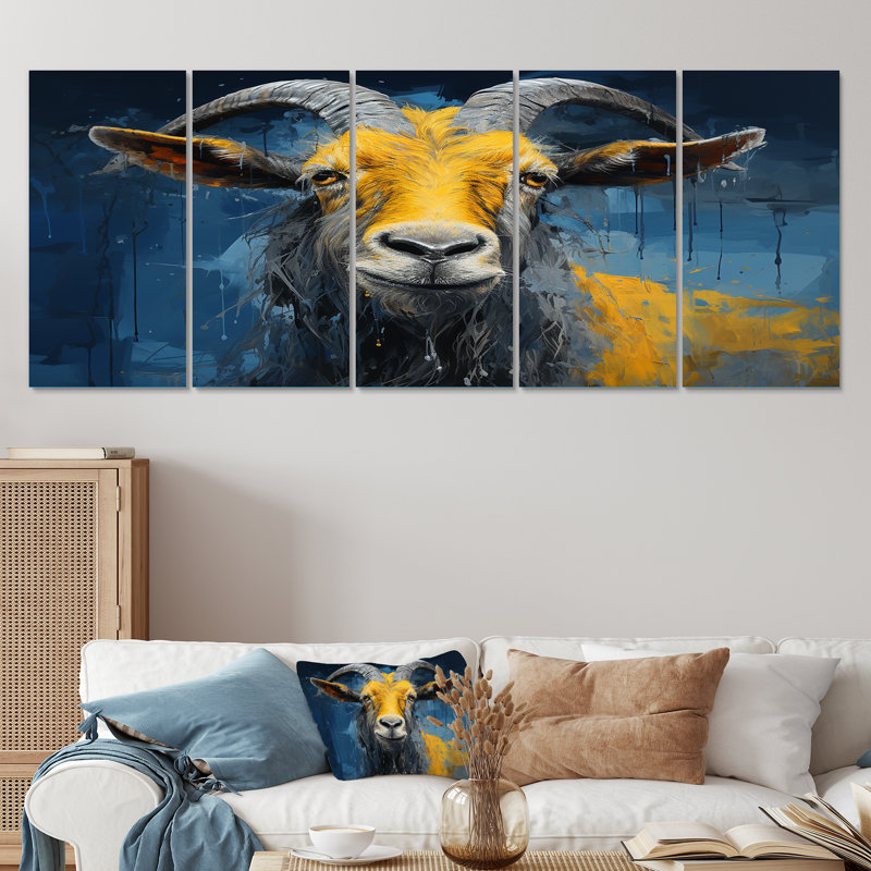 Chèvre jaune et bleu, paysage de prairie II - chèvre, art mural, H 28 po x l 60 po