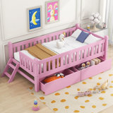 Wood Twin Size Platform Bed With Guardrail And 2 Drawers