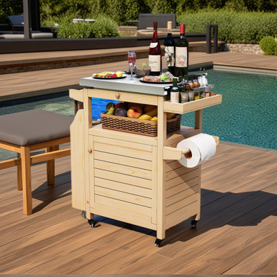 Outdoor Grill Table with Storage | Stainless Steel Top Prep Station, Mobile Grill Cart on Wheels, Solid Wood for Backyard Patio BBQ by Laurel Foundry Modern Farmhouse
