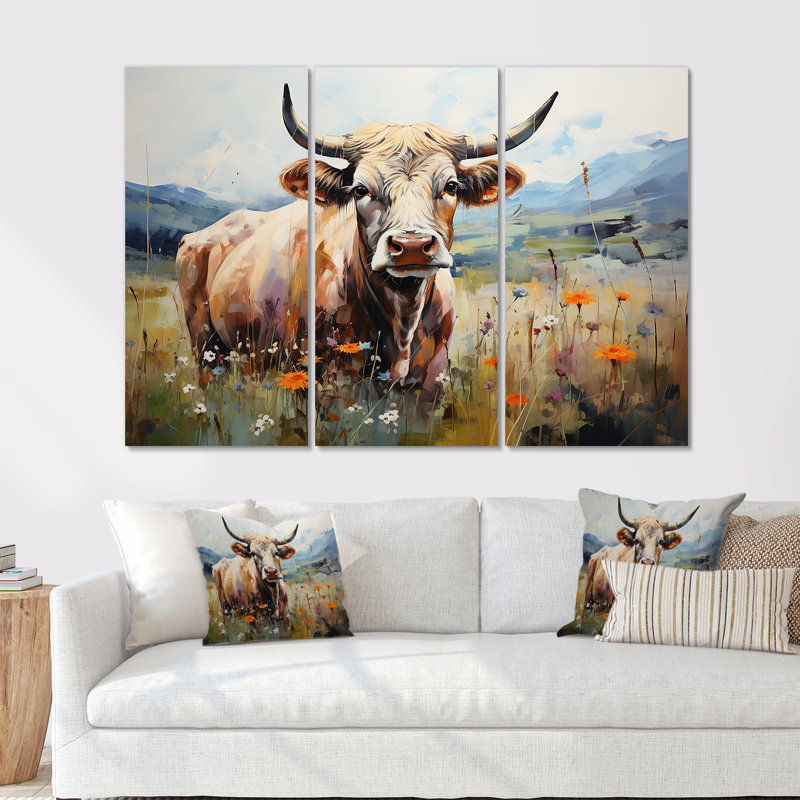 Vache dans des champs pastel - ensemble d'art mural animal de vache, H 28 po x l 36 po
