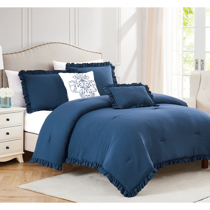 Ensemble d'édredon et coussin décoratif Portland Ruffle, Édredon grand + 2 taies décoratives + 1 taie d'o, Marine