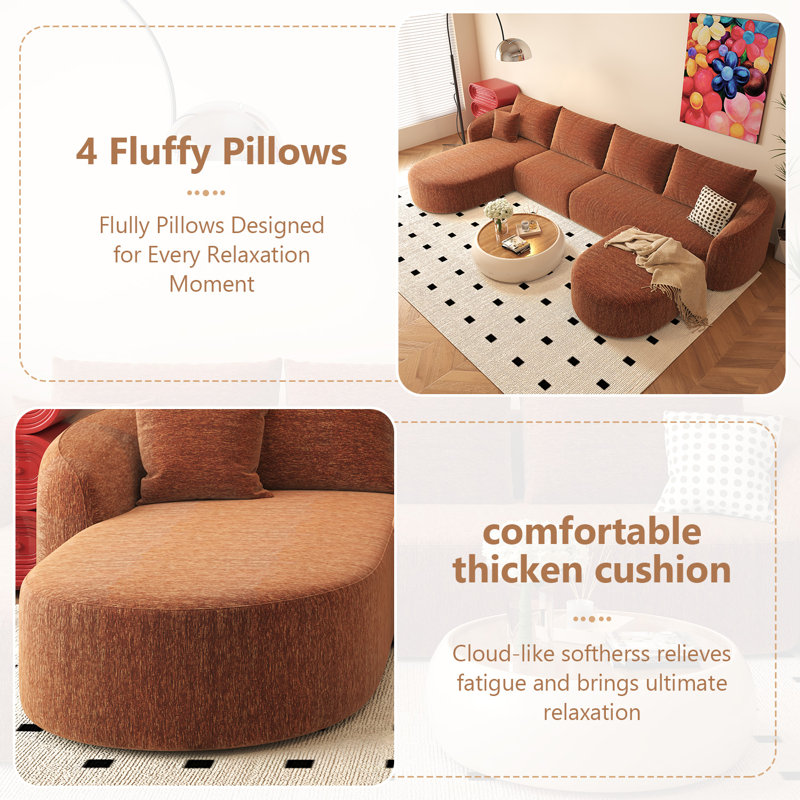 Boneless U Shaped Modern Modular Sectional Curved Sofa with Ottoman, Minimalist Style Comfy Cloud Couch for Living Room Apartment, No Assembly Required Boneless Couches